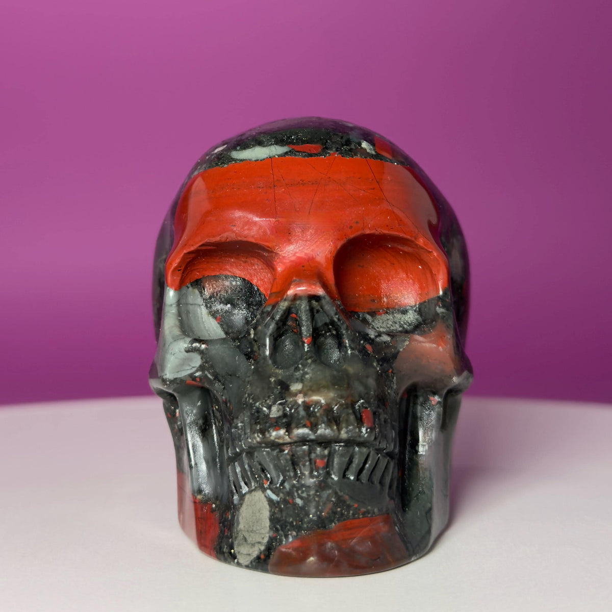 African Bloodstone Skull Carving – 483g Natural Stone Skull
