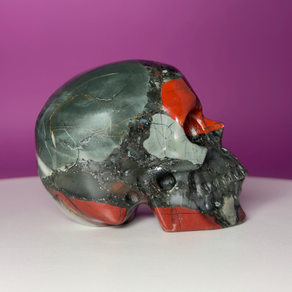 African Bloodstone Skull Carving – 483g Natural Stone Skull