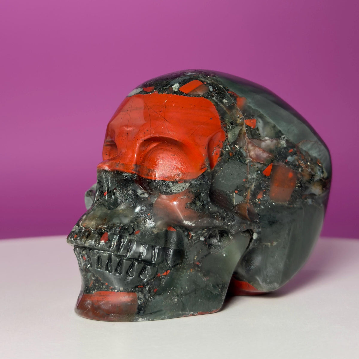 African Bloodstone Skull Carving – 483g Natural Stone Skull