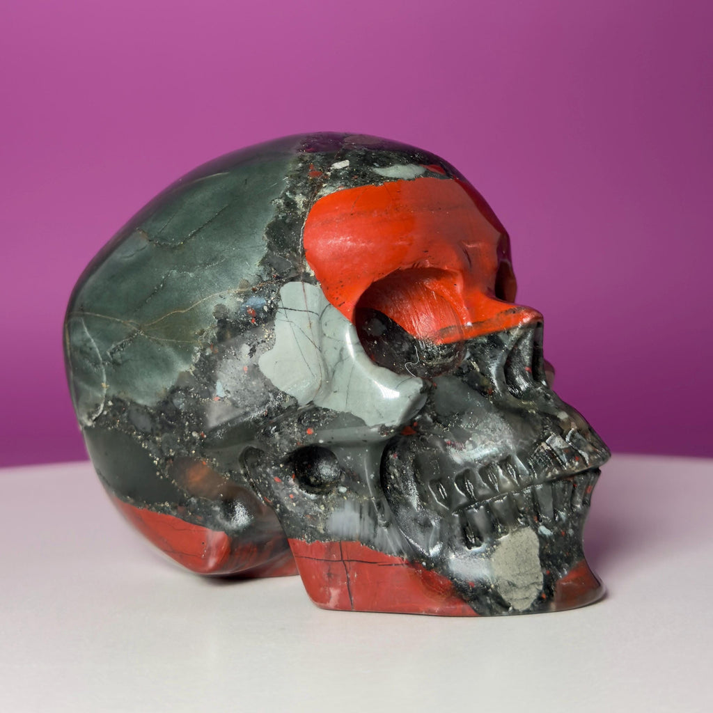 African Bloodstone Skull Carving – 483g Natural Stone Skull