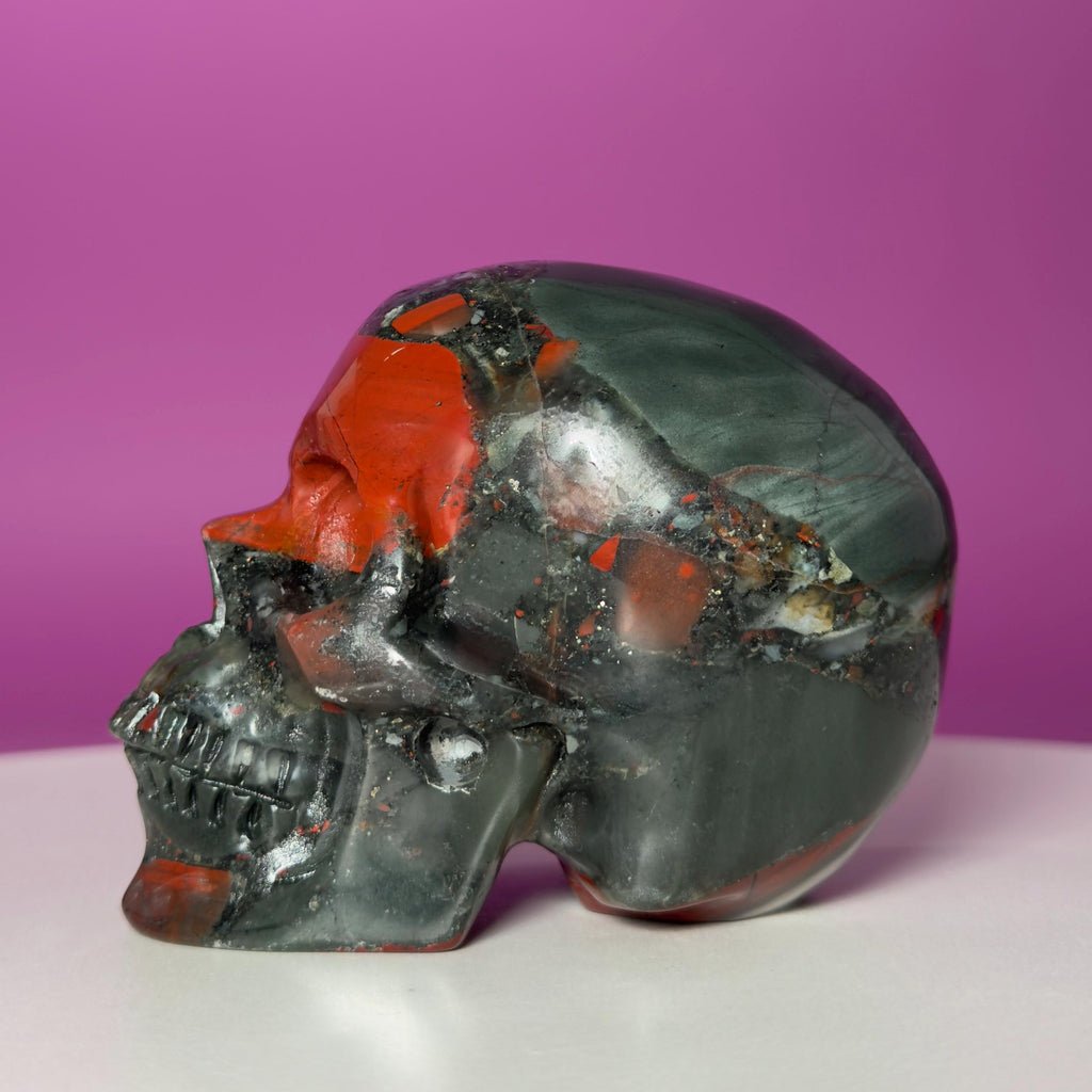 African Bloodstone Skull Carving – 483g Natural Stone Skull