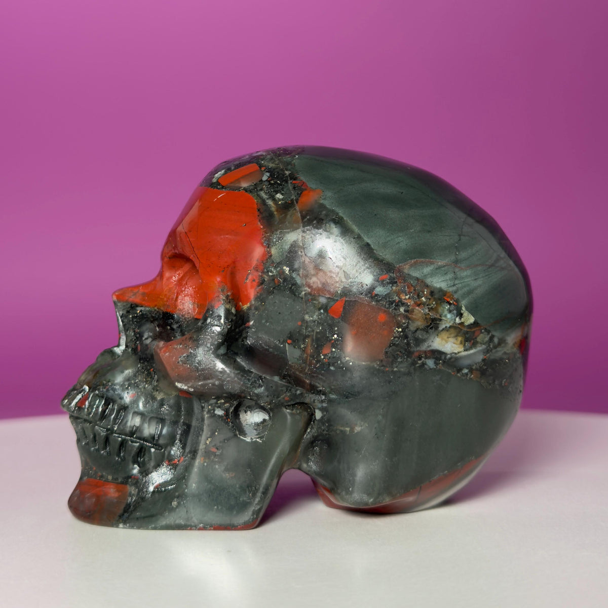 African Bloodstone Skull Carving – 483g Natural Stone Skull