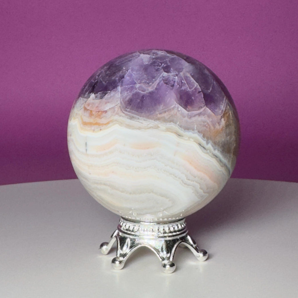Amethyst Agate Sphere with Silver Stand | Purple Banded Crystal