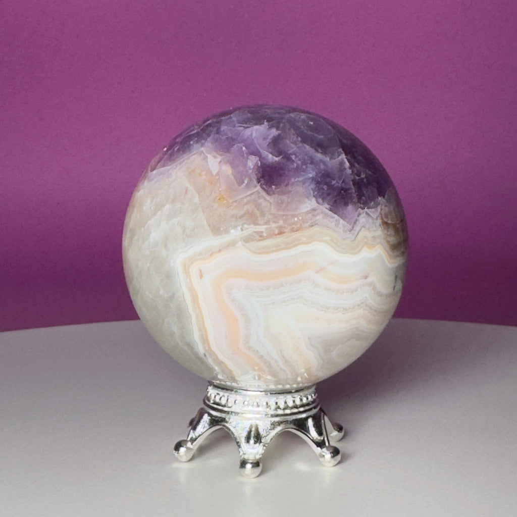 Amethyst Agate Sphere with Silver Stand | Purple Banded Crystal