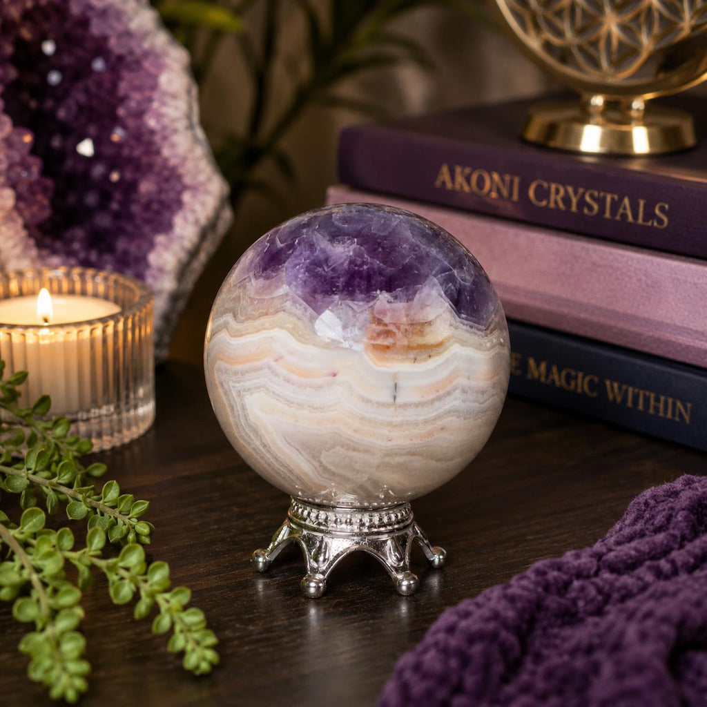 Amethyst Agate Sphere with Silver Stand | Purple Banded Crystal