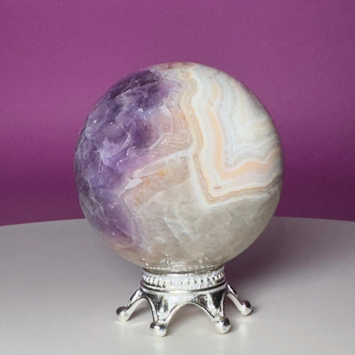 Amethyst Agate Sphere with Silver Stand | Purple Banded Crystal