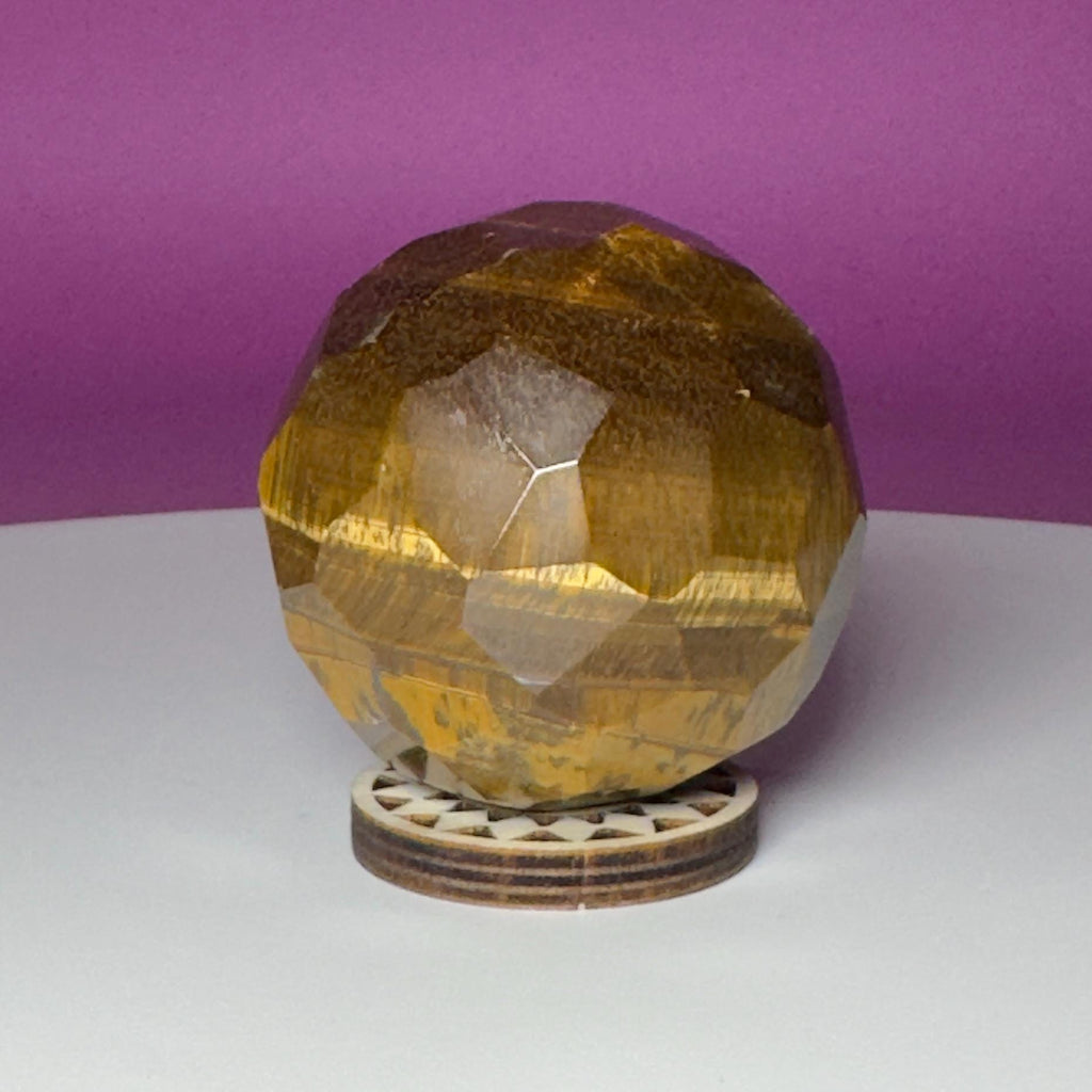 Faceted Tiger Eye Sphere with Wood Stand | 50mm Crystal