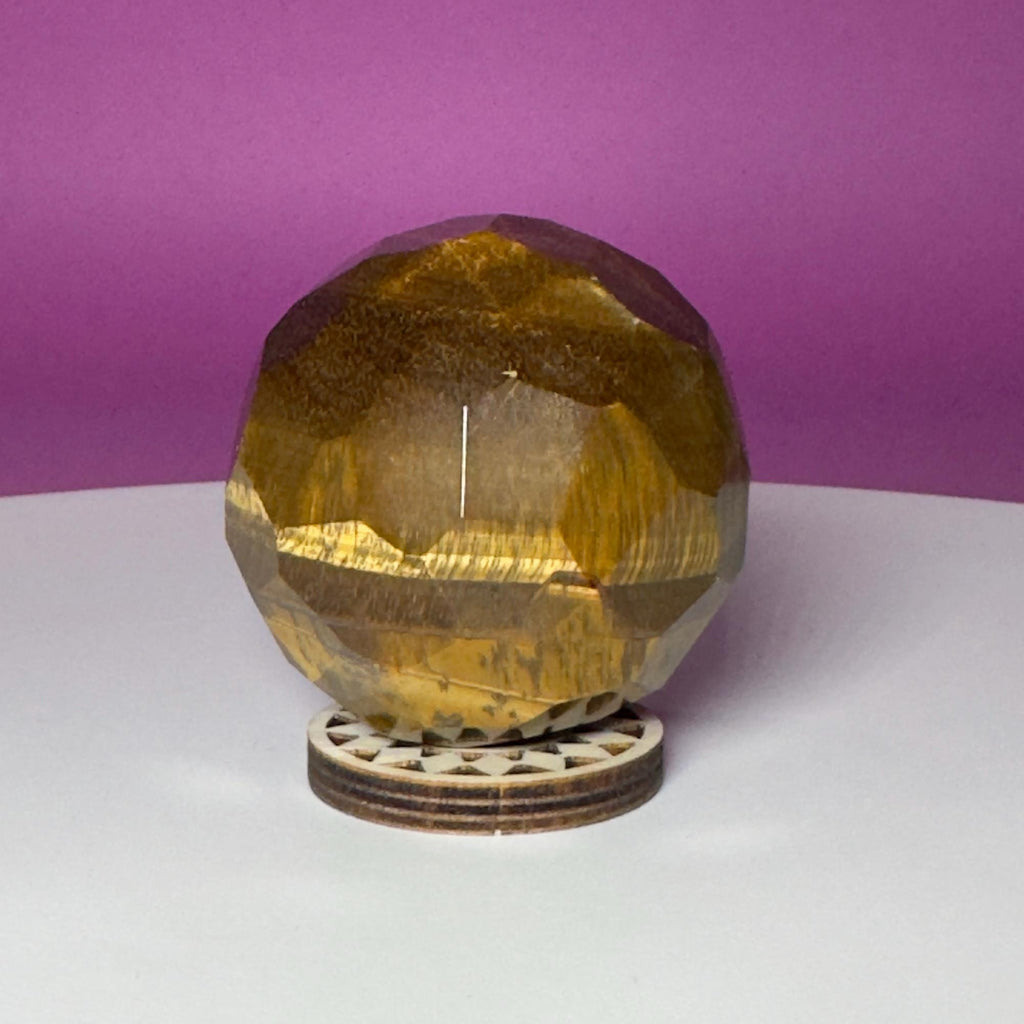 Faceted Tiger Eye Sphere with Wood Stand | 50mm Crystal
