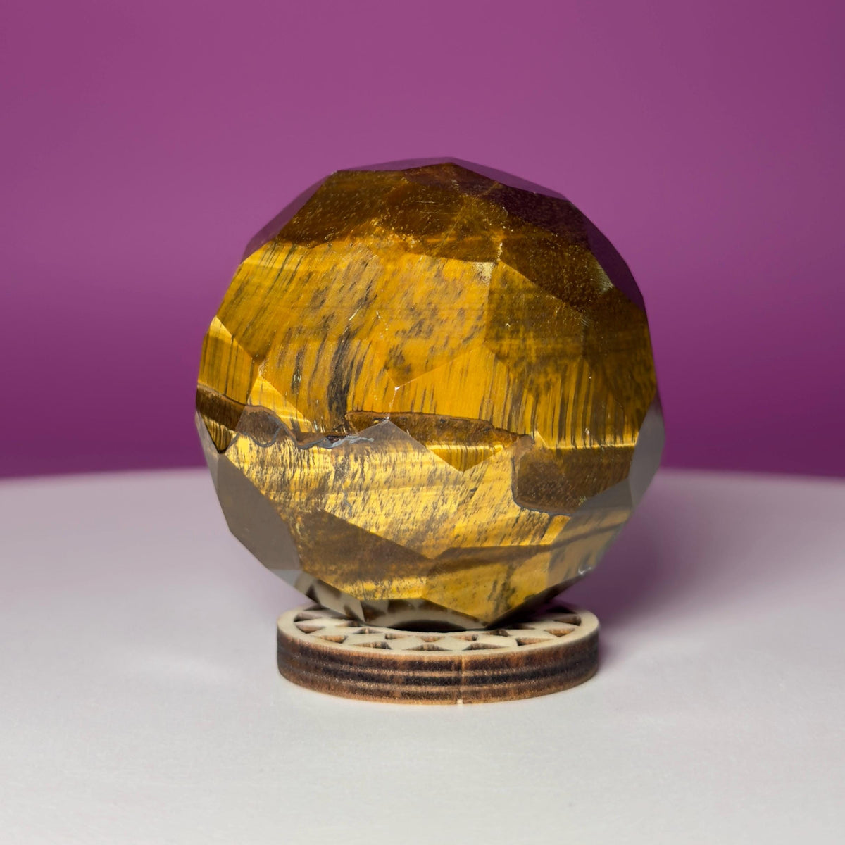 Faceted Tiger Eye Sphere with Wood Stand | 50mm Crystal
