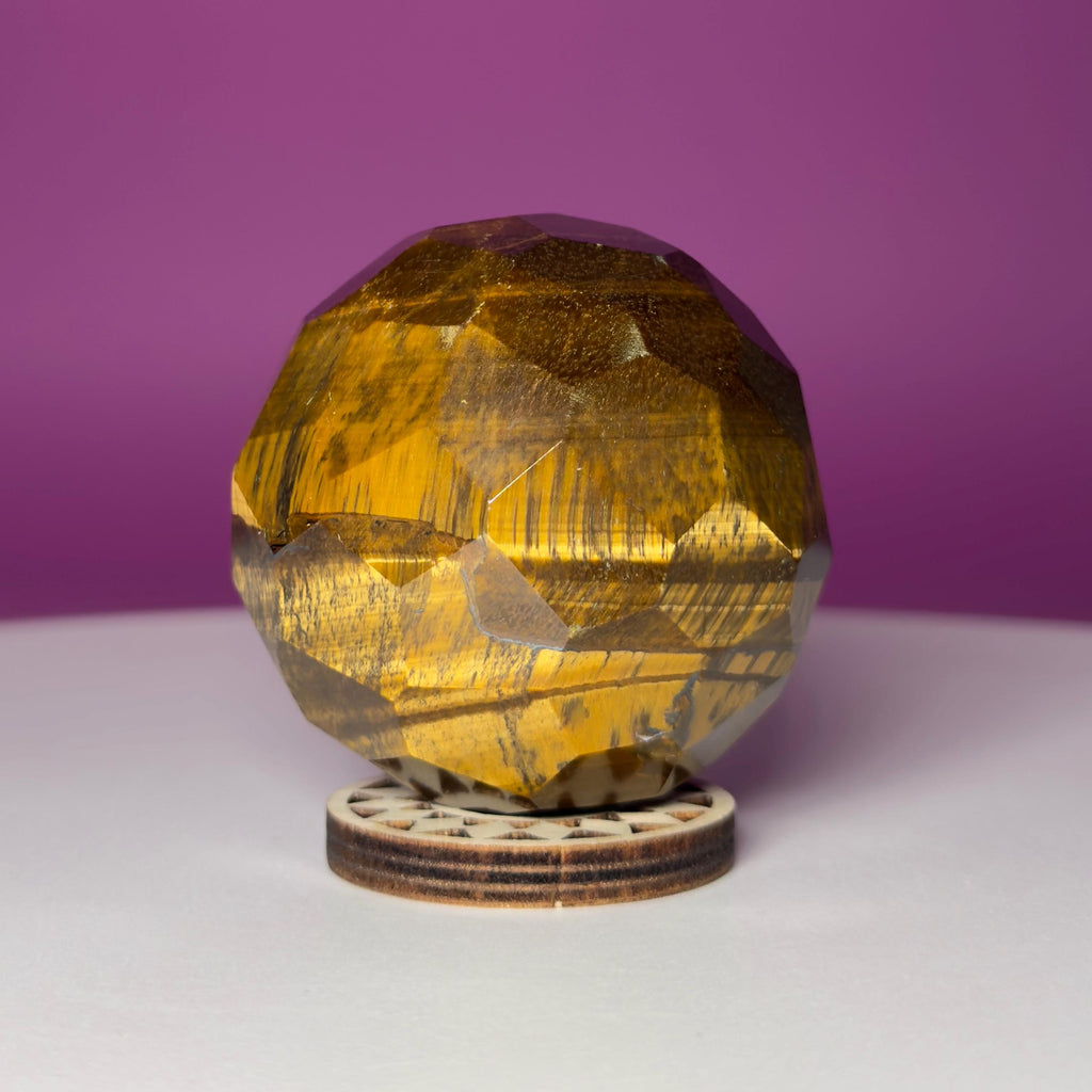 Faceted Tiger Eye Sphere with Wood Stand | 50mm Crystal