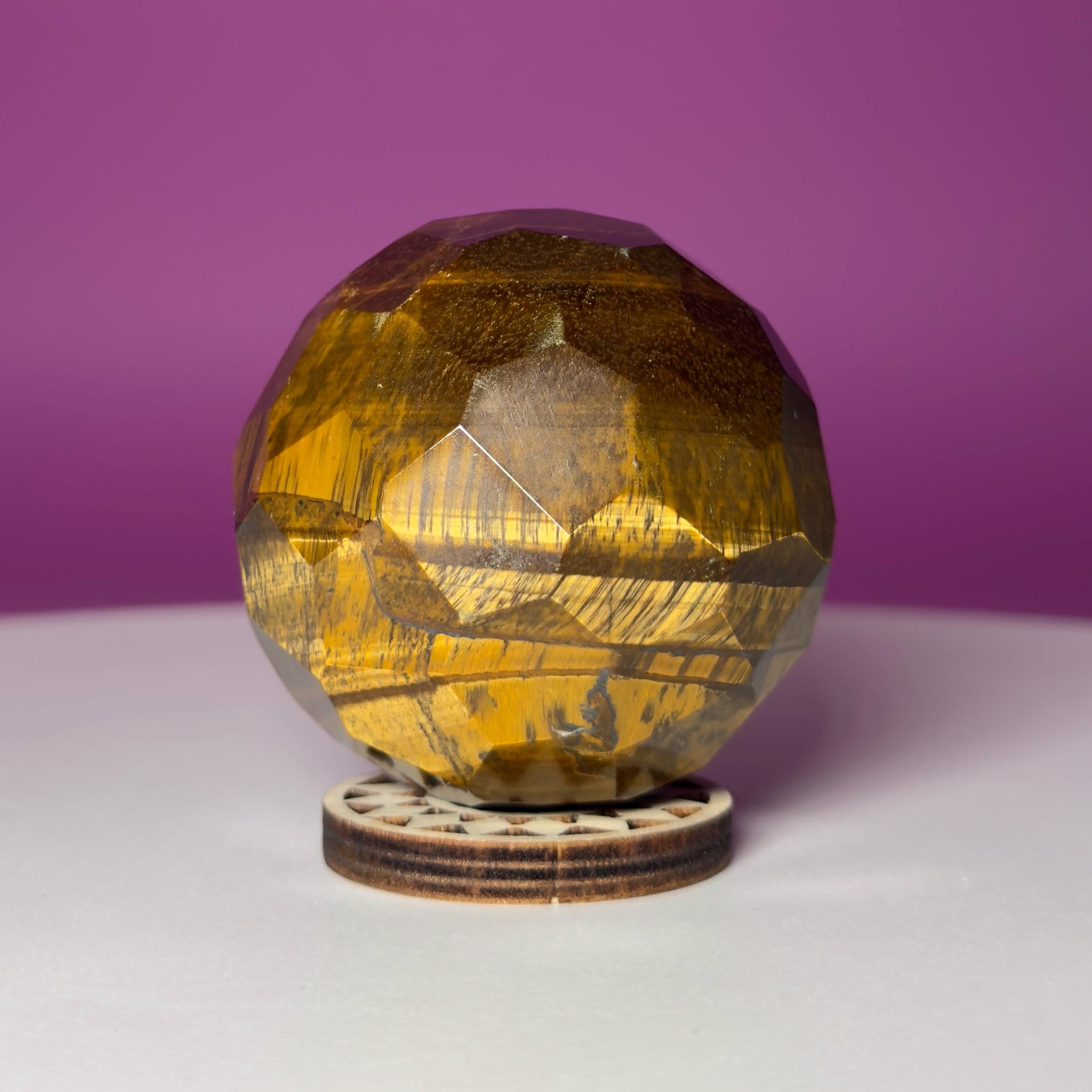Faceted Tiger Eye Sphere with Wood Stand | 50mm Crystal