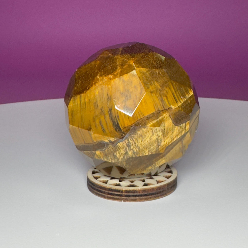 Faceted Tiger Eye Sphere with Wood Stand | 50mm Crystal