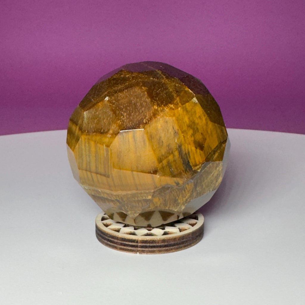Faceted Tiger Eye Sphere with Wood Stand | 50mm Crystal