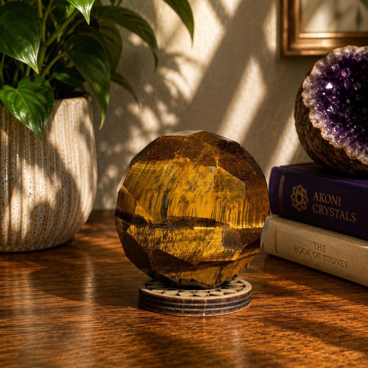 Faceted Tiger Eye Sphere with Wood Stand | 50mm Crystal