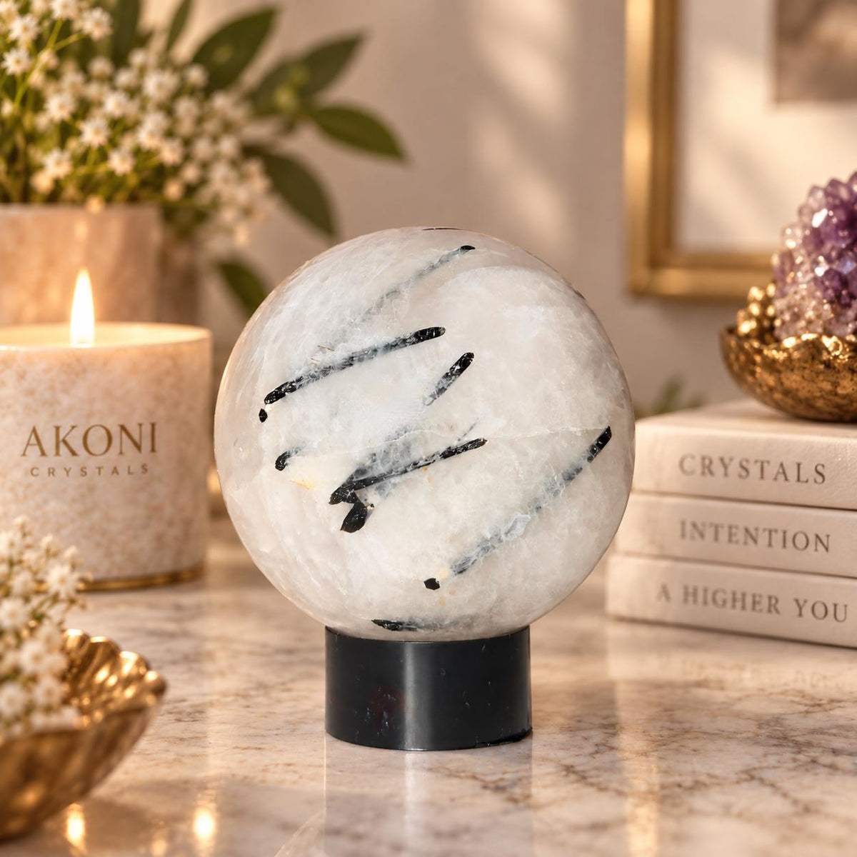 Tourmaline Quartz Sphere with Stand | Black Tourmaline Crystal
