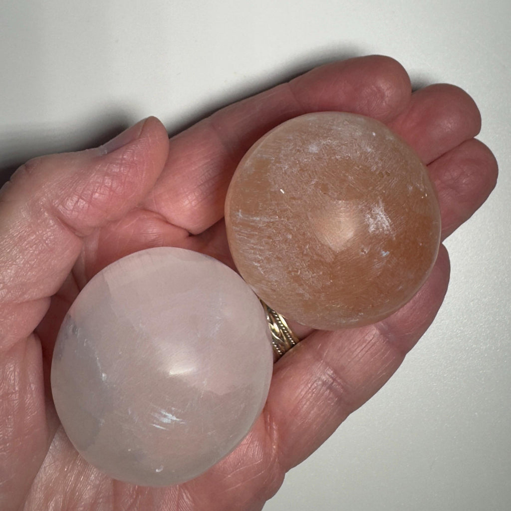 Selenite Sphere Lot | 2 White & 3 Orange Hand Carved Spheres