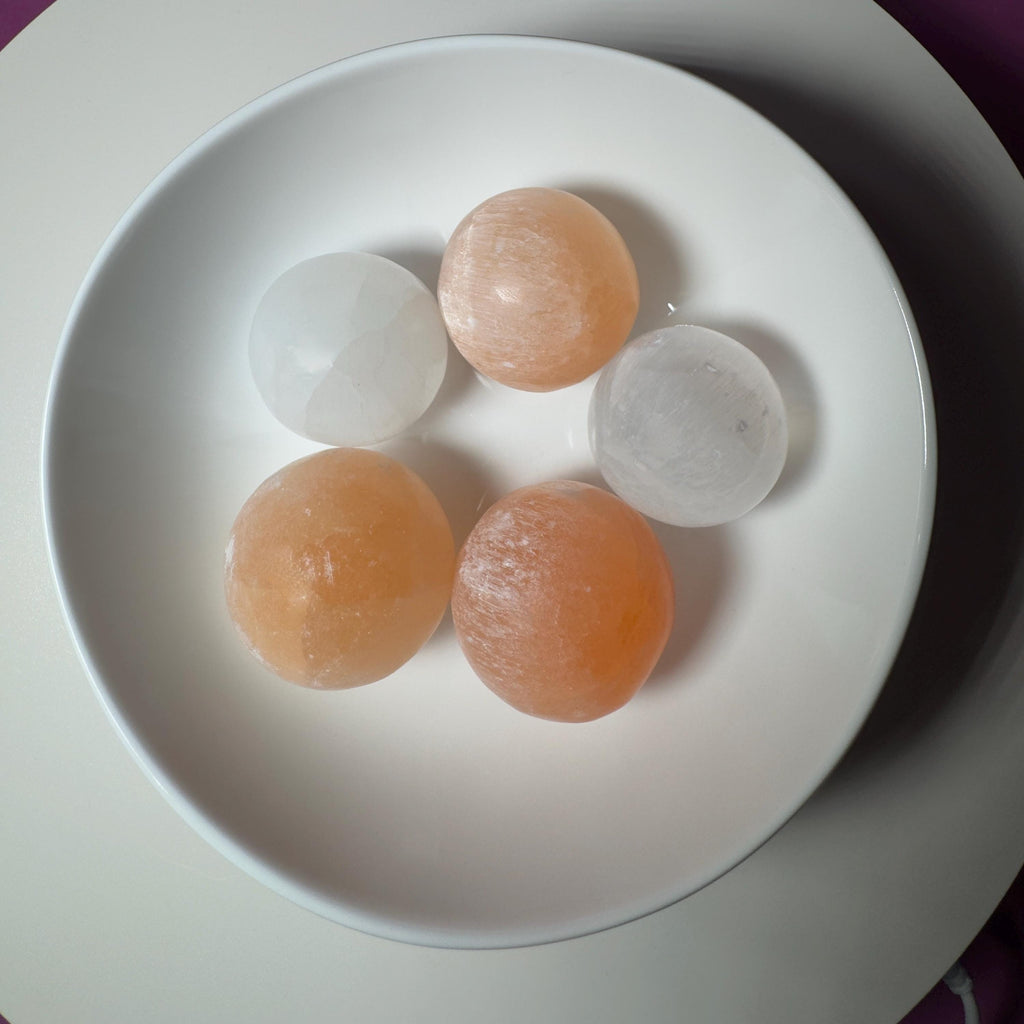 Selenite Sphere Lot | 2 White & 3 Orange Hand Carved Spheres