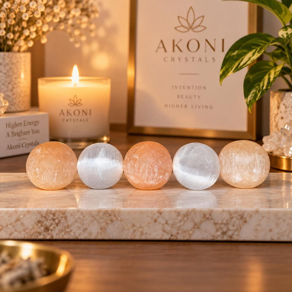 Selenite Sphere Lot | 2 White & 3 Orange Hand Carved Spheres