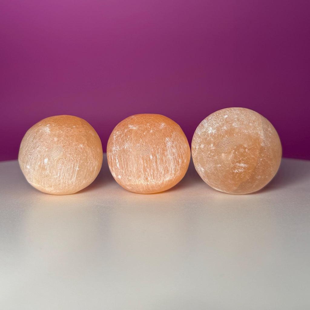 Selenite Sphere Lot | 2 White & 3 Orange Hand Carved Spheres