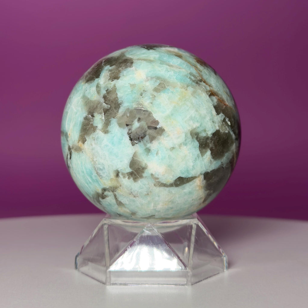 Amazonite with Smoky Quartz Sphere on Acrylic Stand – 377g