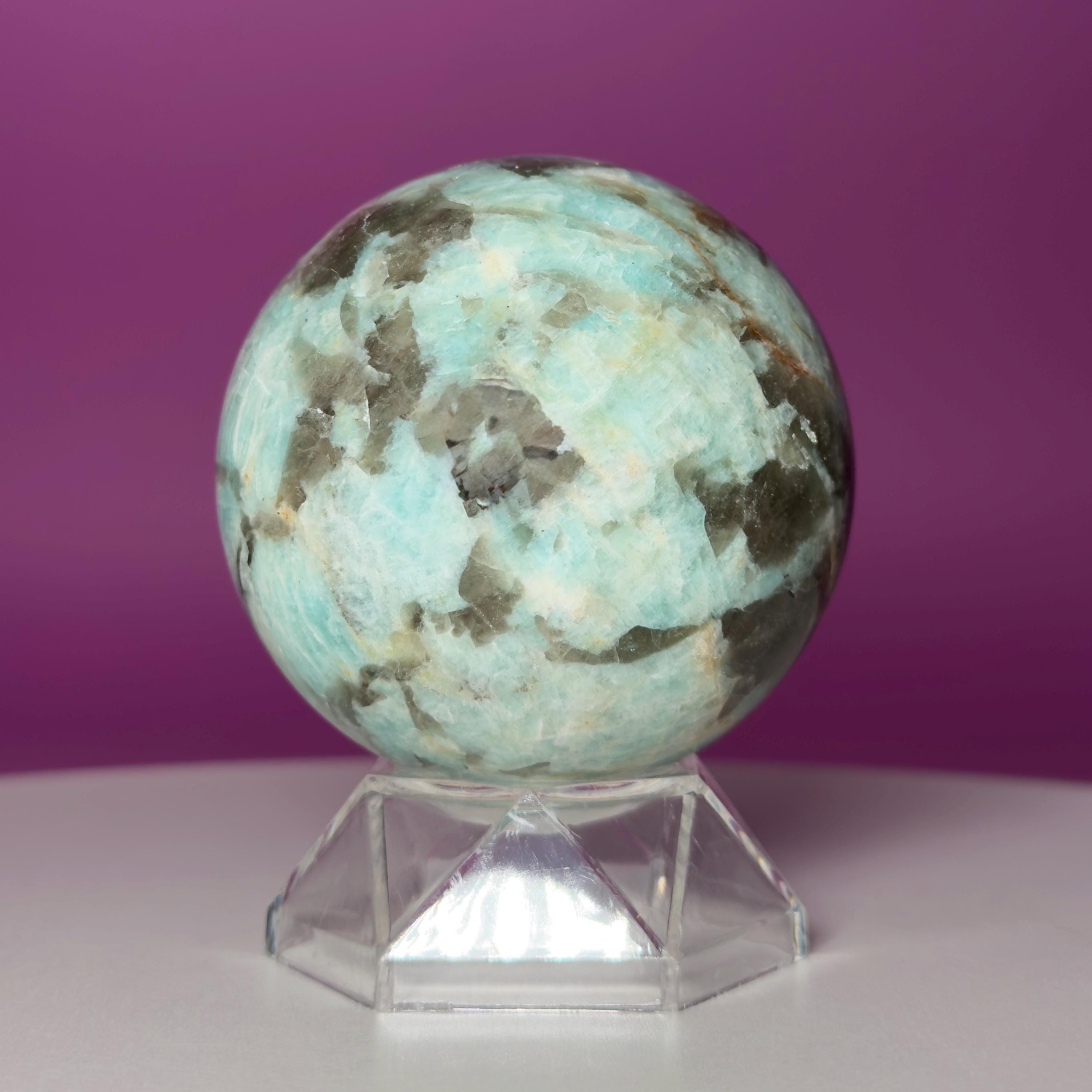 Amazonite with Smoky Quartz Sphere on Acrylic Stand – 377g