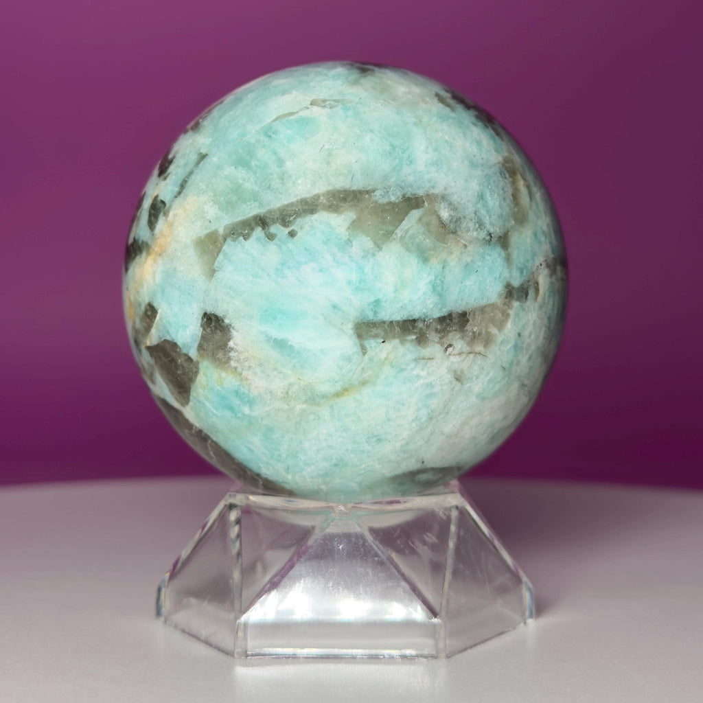 Amazonite with Smoky Quartz Sphere on Acrylic Stand – 377g