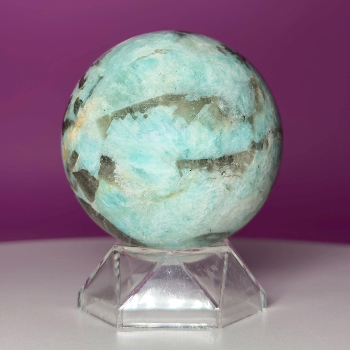 Amazonite with Smoky Quartz Sphere on Acrylic Stand – 377g