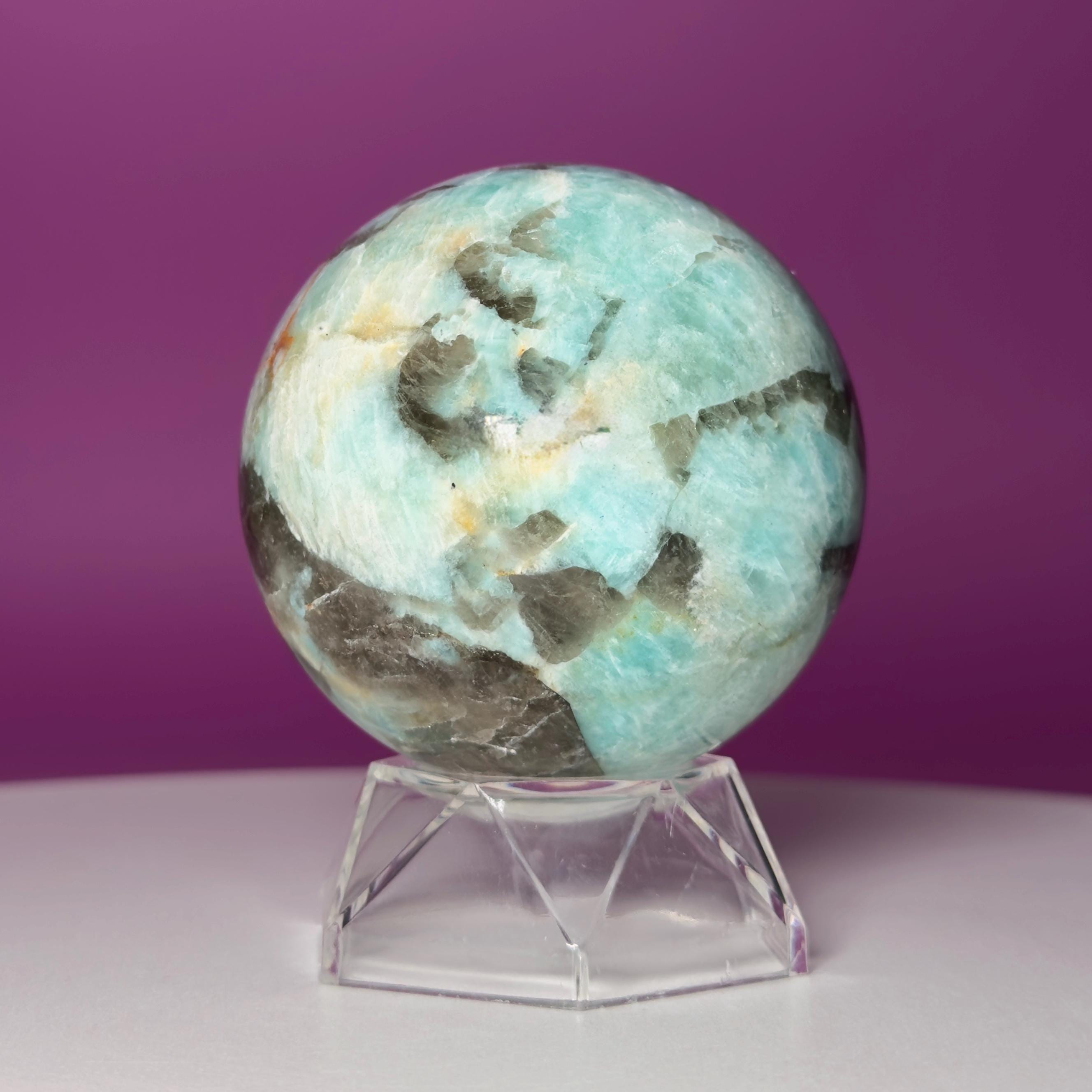 Amazonite with Smoky Quartz Sphere on Acrylic Stand – 377g