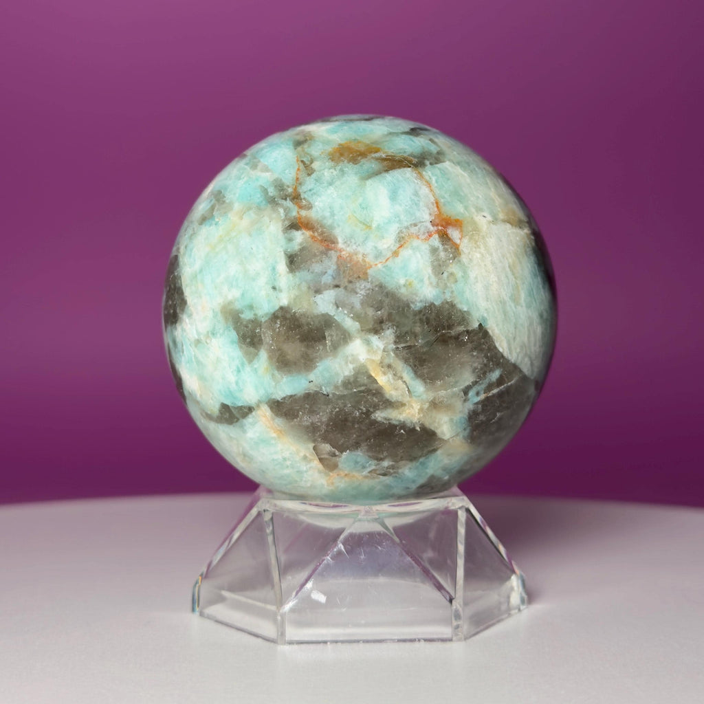 Amazonite with Smoky Quartz Sphere on Acrylic Stand – 377g