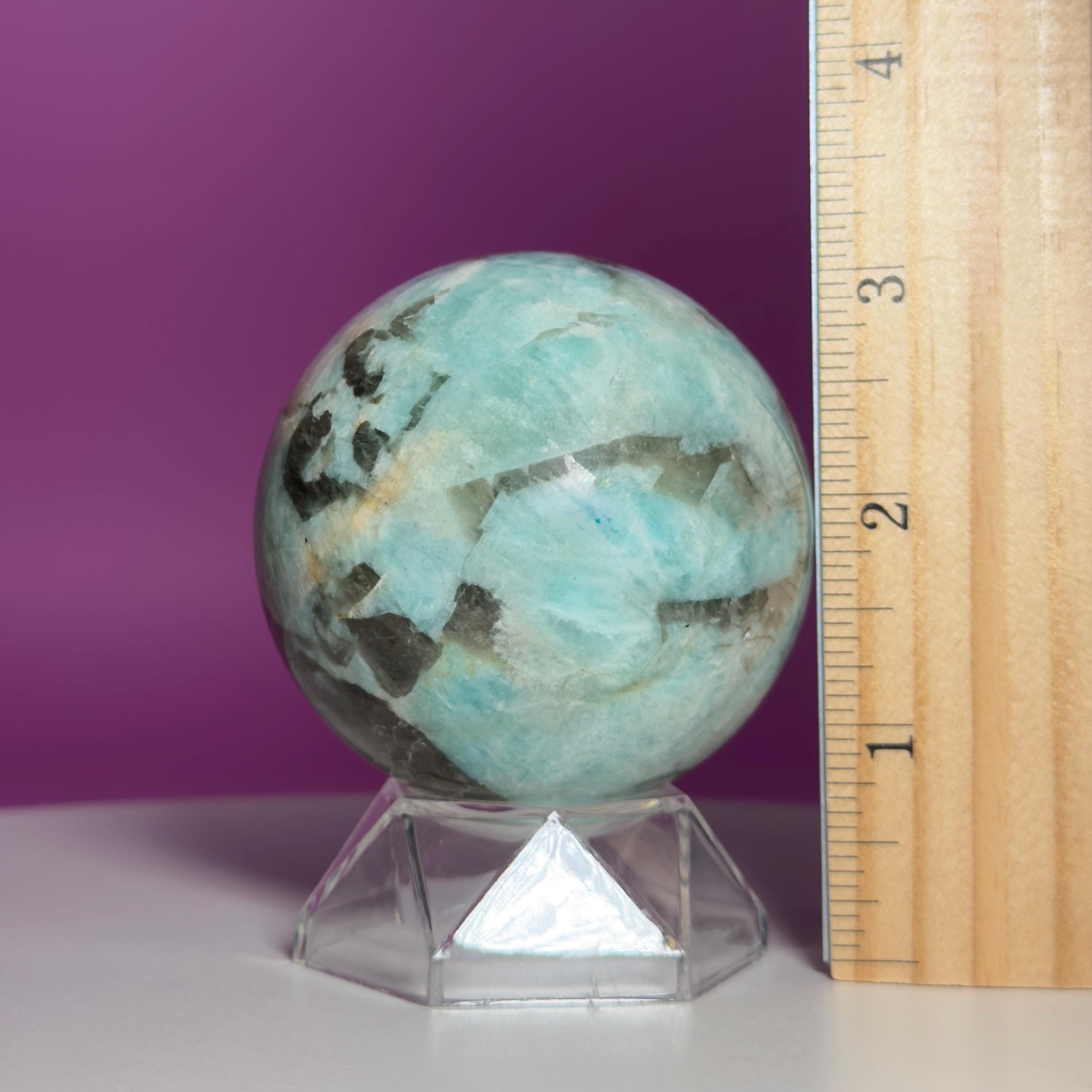 Amazonite with Smoky Quartz Sphere on Acrylic Stand – 377g