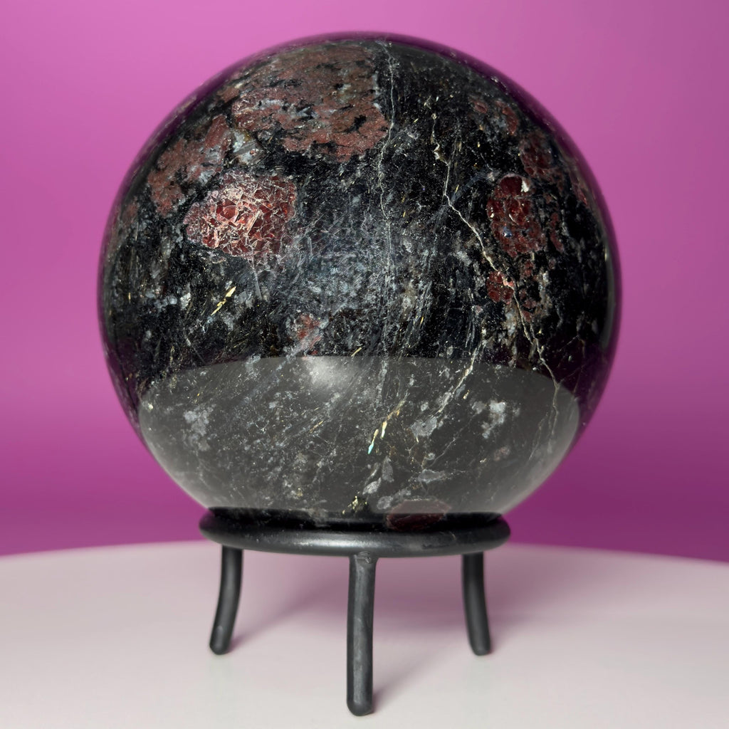 Garnet in Tourmaline Sphere on Wrought Iron Stand – 1756g