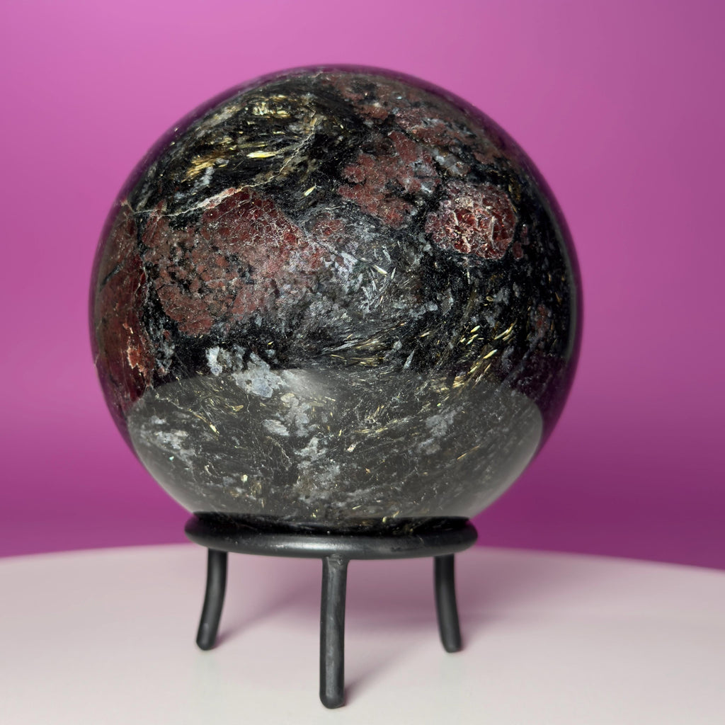 Garnet in Tourmaline Sphere on Wrought Iron Stand – 1756g