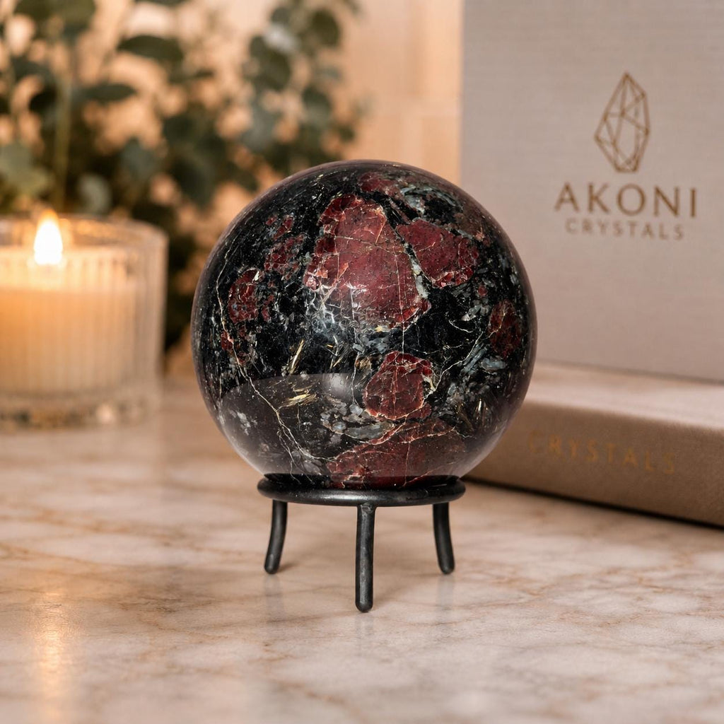 Garnet in Tourmaline Sphere on Wrought Iron Stand – 1756g