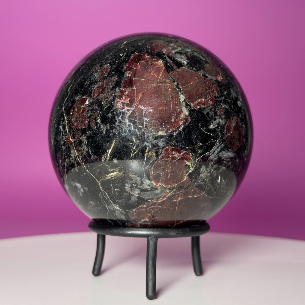 Garnet in Tourmaline Sphere on Wrought Iron Stand – 1756g