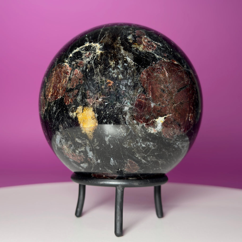 Garnet in Tourmaline Sphere on Wrought Iron Stand – 1756g