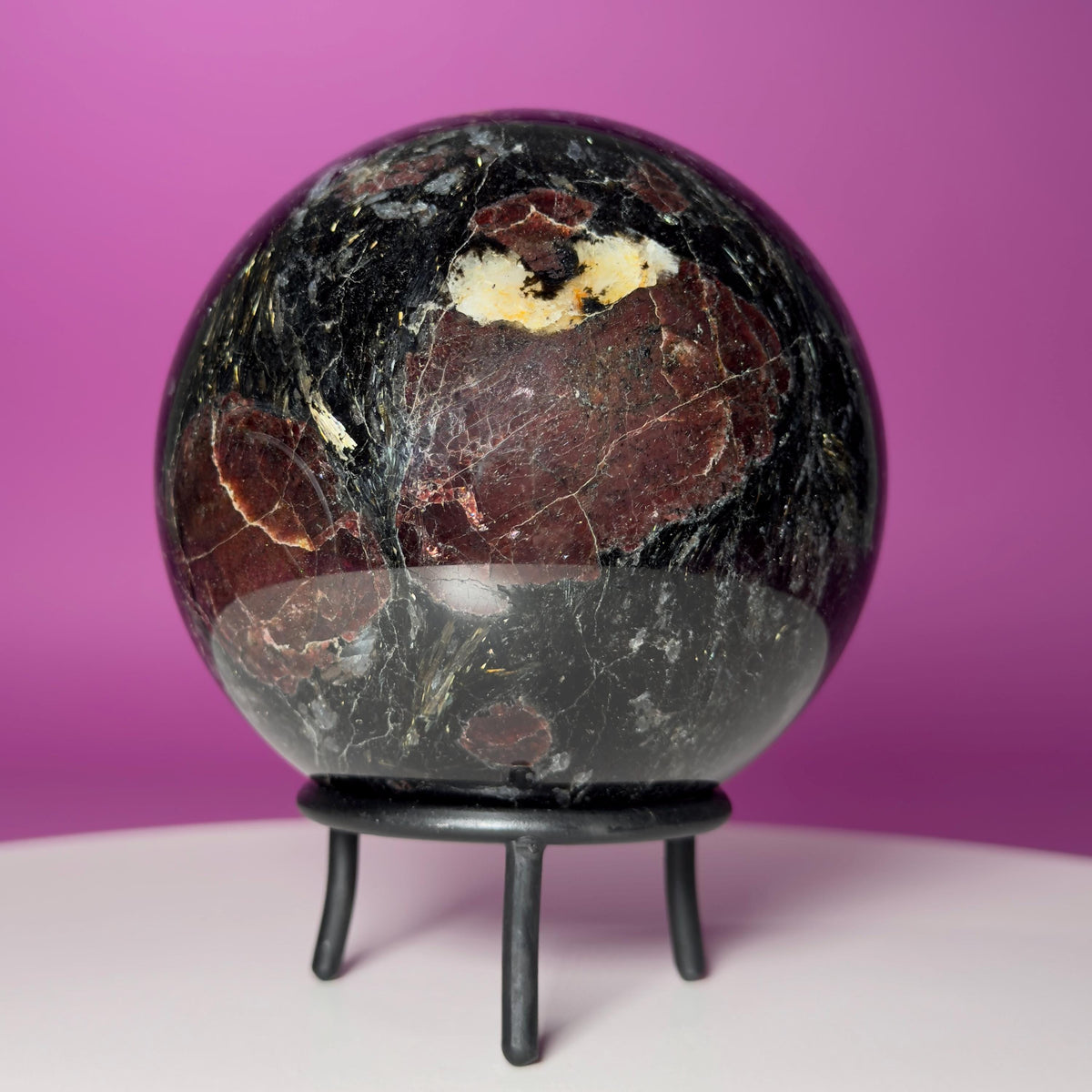 Garnet in Tourmaline Sphere on Wrought Iron Stand – 1756g