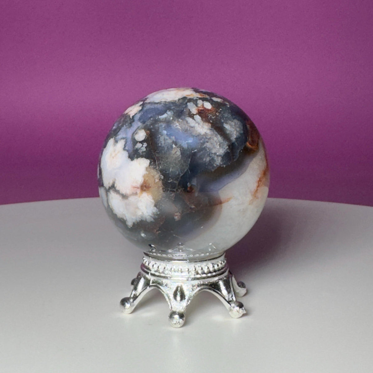 Blue Flower Agate Sphere on Silver Metal Stand – 162g