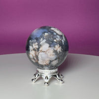 Blue Flower Agate Sphere on Silver Metal Stand – 162g