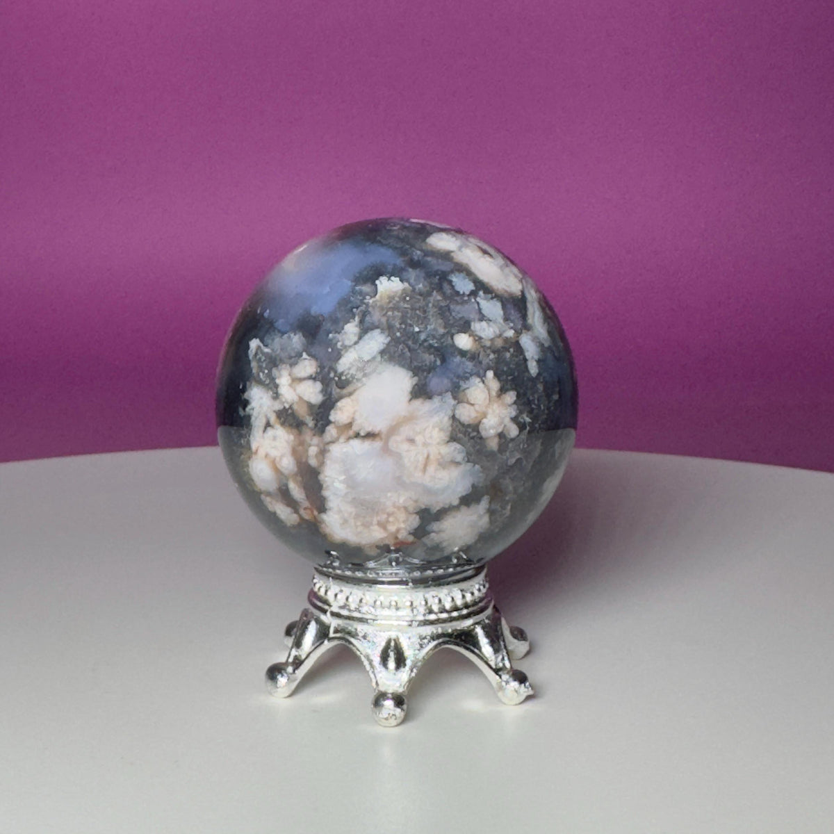 Blue Flower Agate Sphere on Silver Metal Stand – 162g