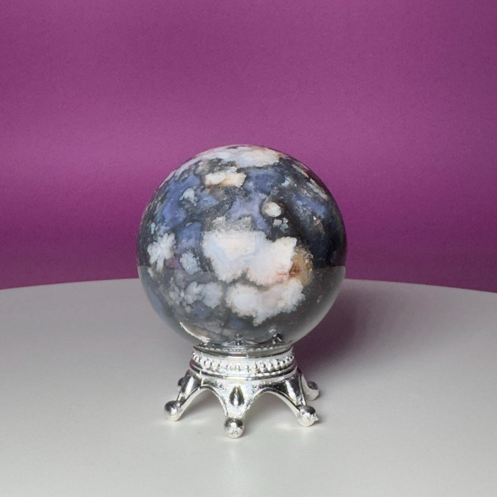 Blue Flower Agate Sphere on Silver Metal Stand – 162g