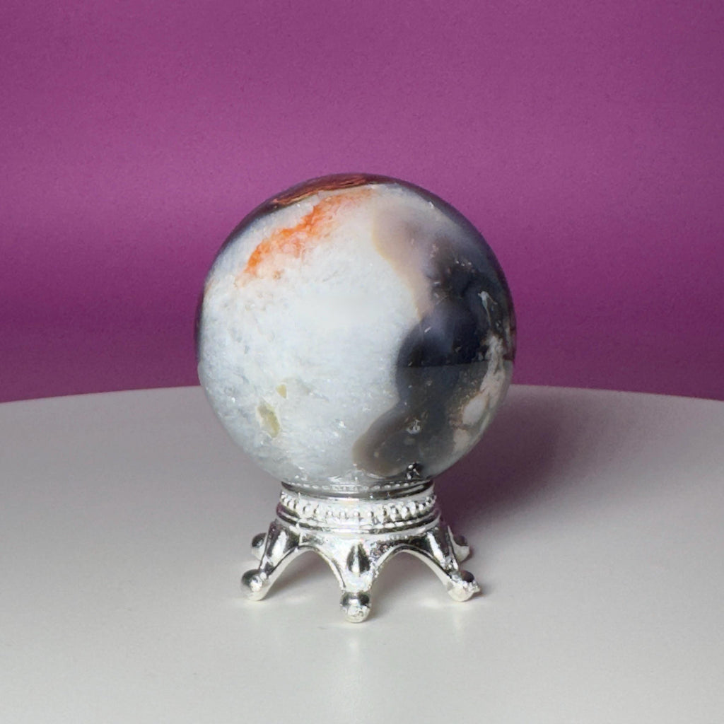 Blue Flower Agate Sphere on Silver Metal Stand – 162g