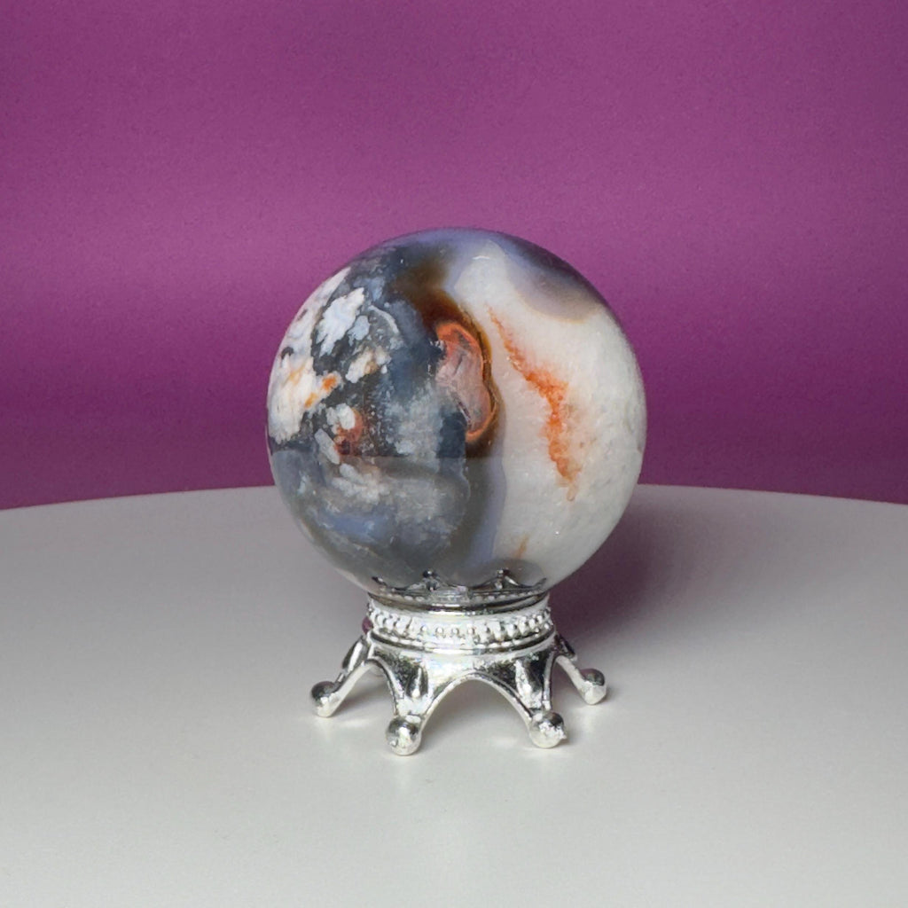 Blue Flower Agate Sphere on Silver Metal Stand – 162g
