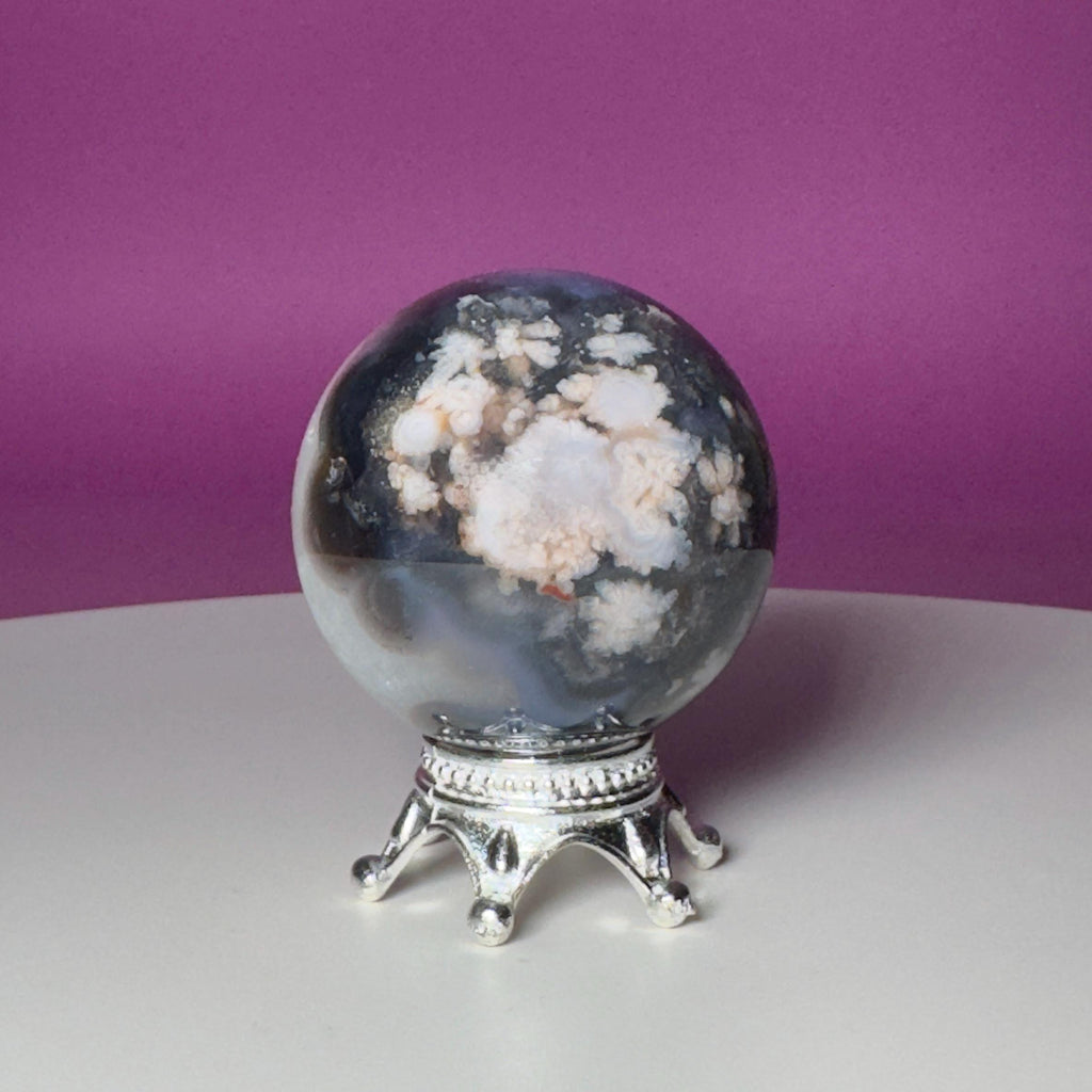 Blue Flower Agate Sphere on Silver Metal Stand – 162g