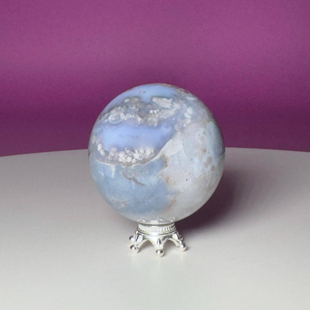 Blue Flower Agate Sphere on Silver Metal Stand – 107g