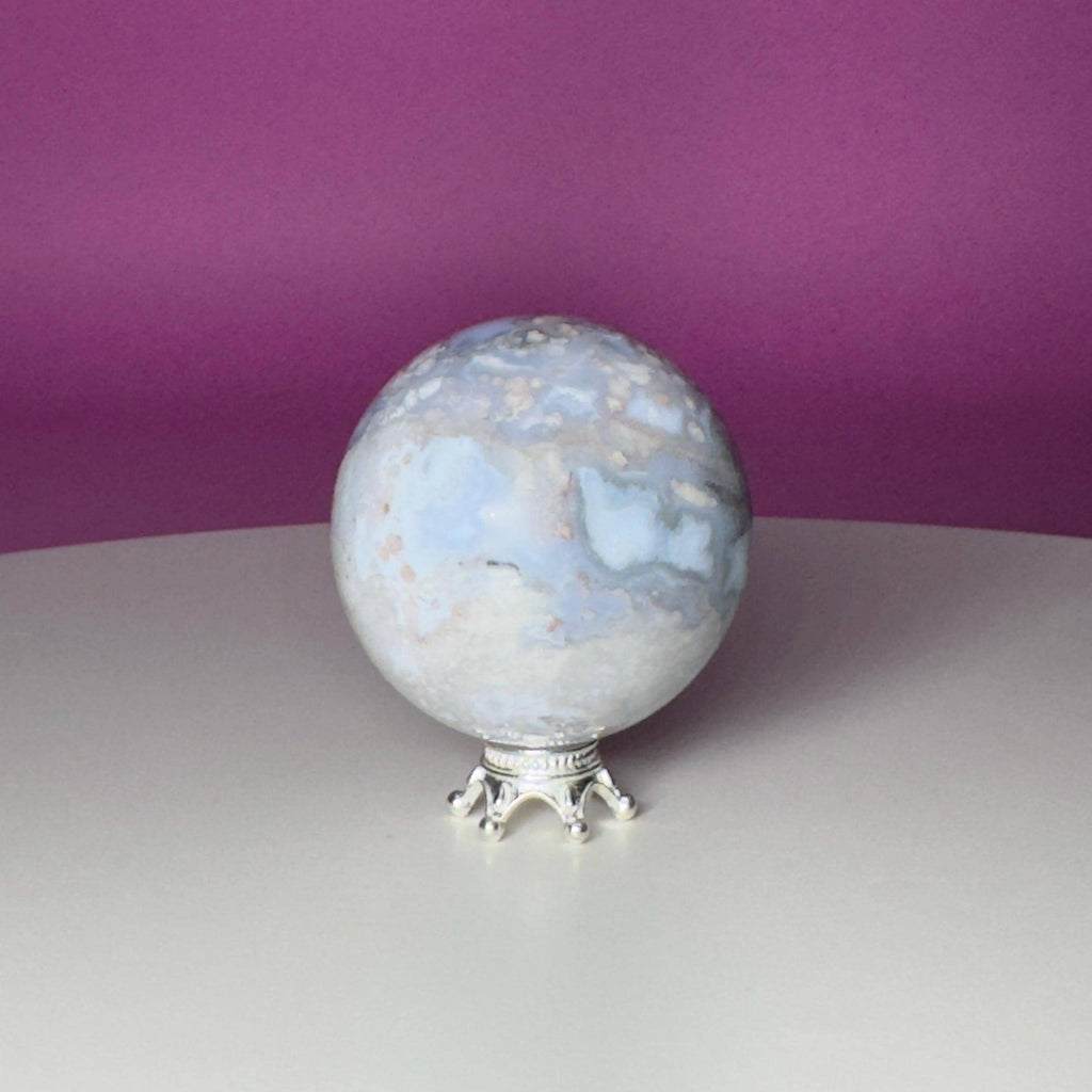 Blue Flower Agate Sphere on Silver Metal Stand – 107g