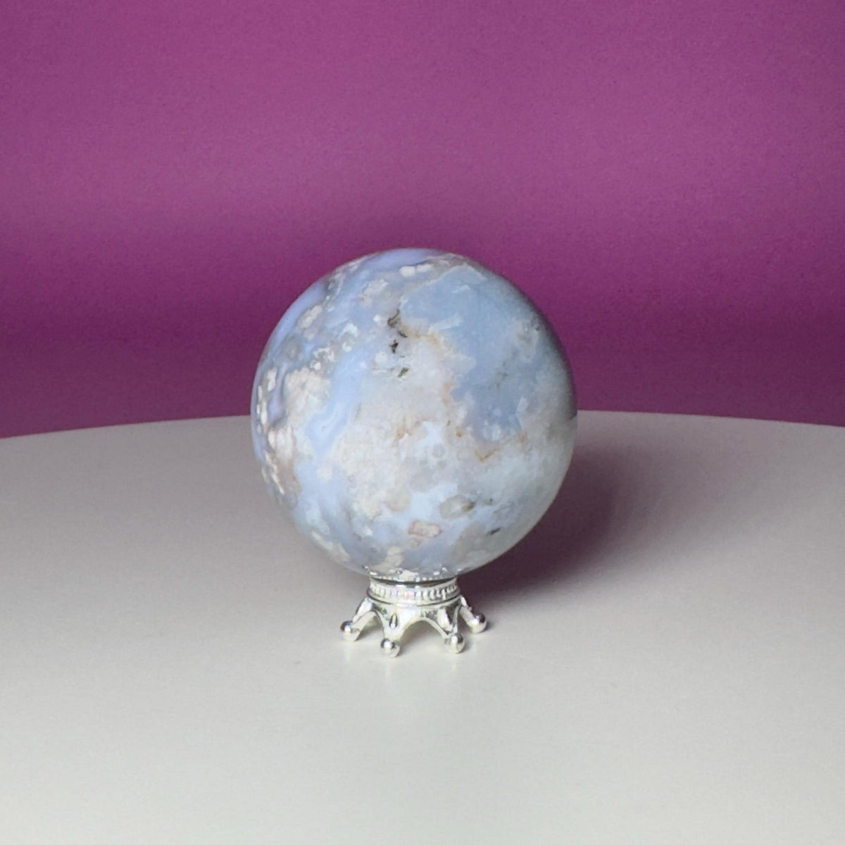 Blue Flower Agate Sphere on Silver Metal Stand – 107g