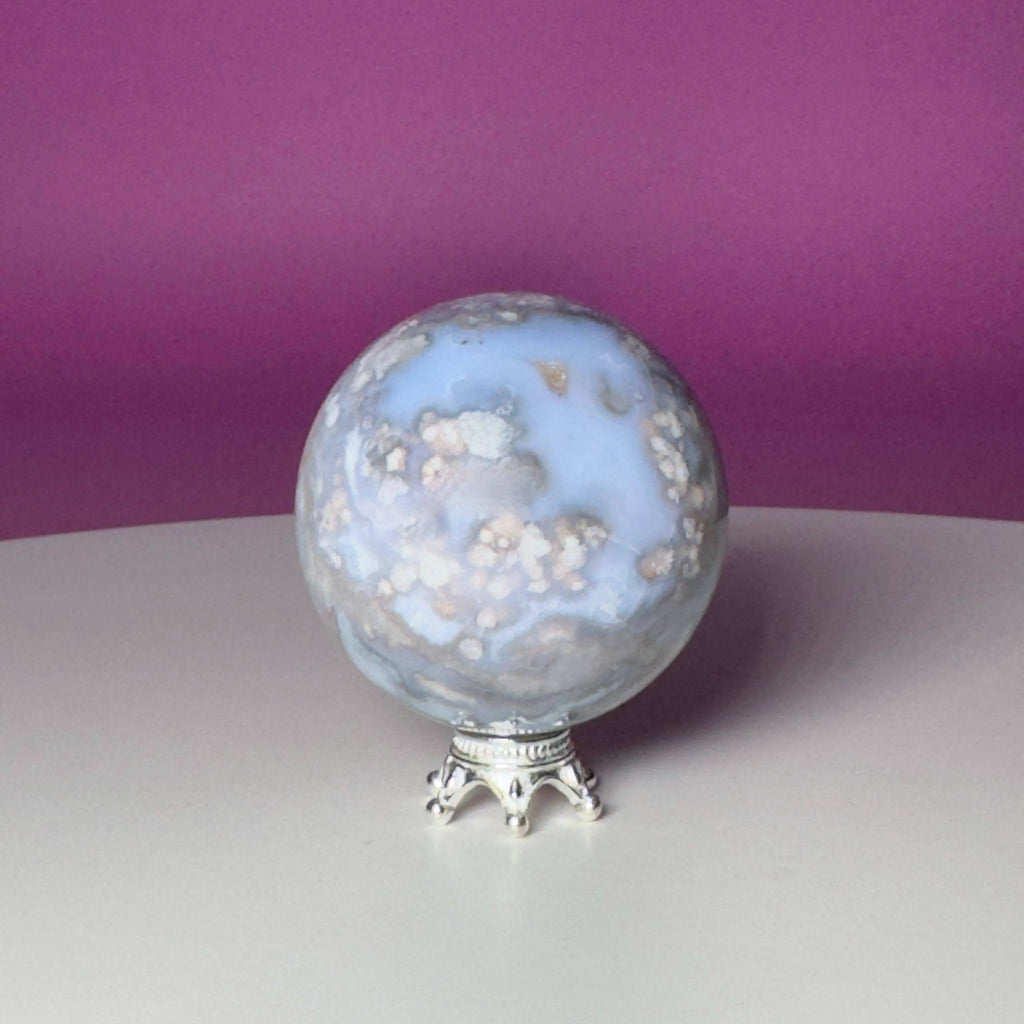 Blue Flower Agate Sphere on Silver Metal Stand – 107g