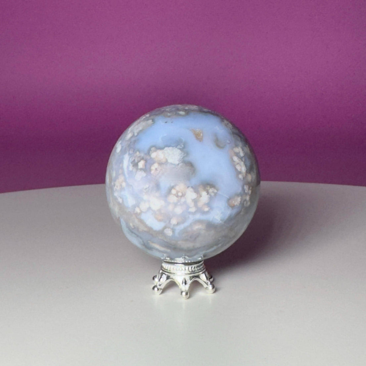Blue Flower Agate Sphere on Silver Metal Stand – 107g