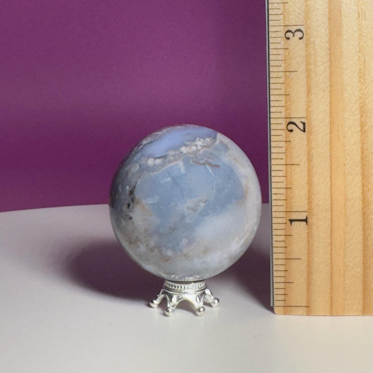 Blue Flower Agate Sphere on Silver Metal Stand – 107g
