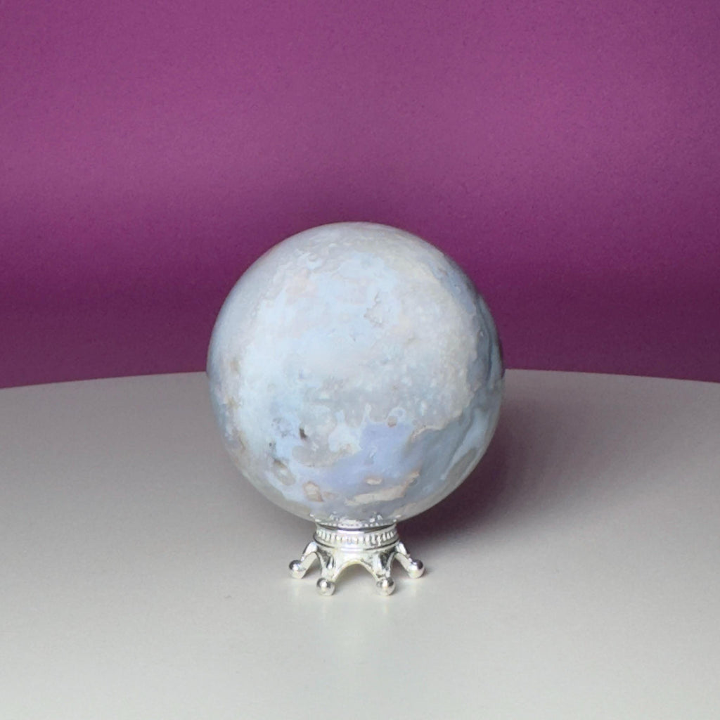 Blue Flower Agate Sphere on Silver Metal Stand – 107g